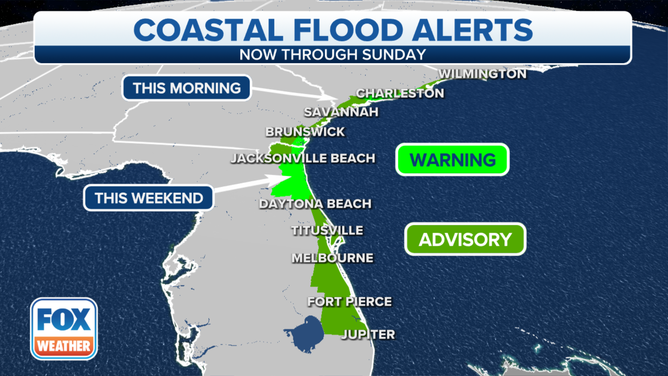 Coastal Flood Warnings and Advisories are in effect along the Southeast coast.