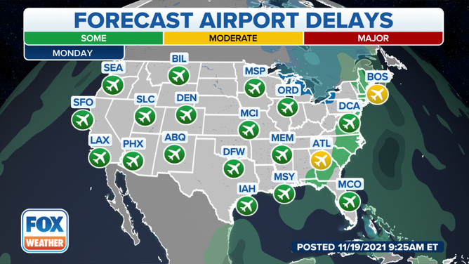 Forecast airport delays Monday, Nov. 22, 2021.