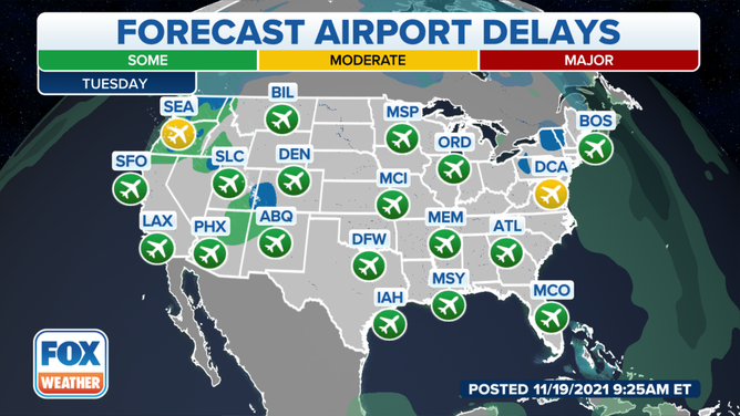 Forecast airport delays Tuesday, Nov. 23, 2021.