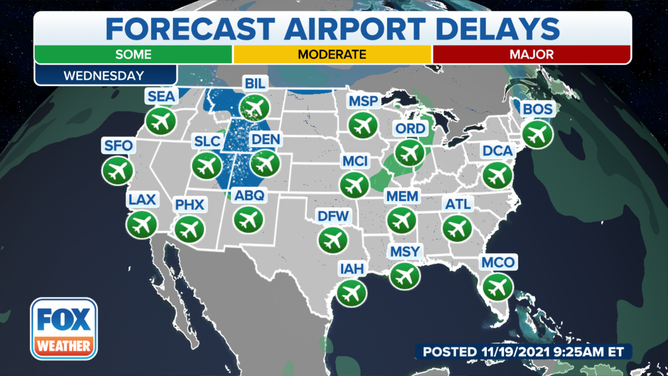 Forecast airport delays Wednesday, Nov. 24, 2021.
