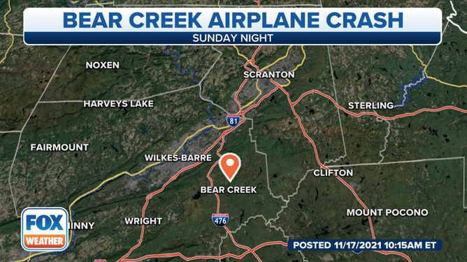 A plane crashed in Bear Creek Township, Pennsylvania, Sunday night about 8:30 p.m. Eastern time.