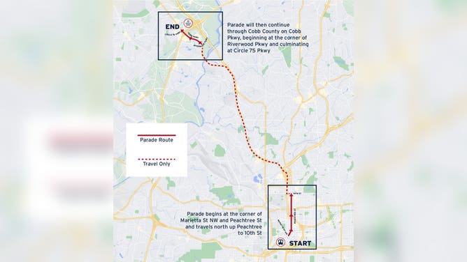 The Atlanta Braces World Series parade route in Atlanta and Cobb County.