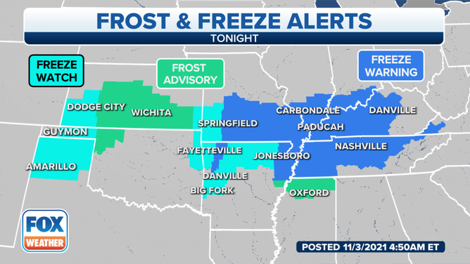 Frost and freeze alerts are in effect for Thursday morning, Nov. 4, 2021.