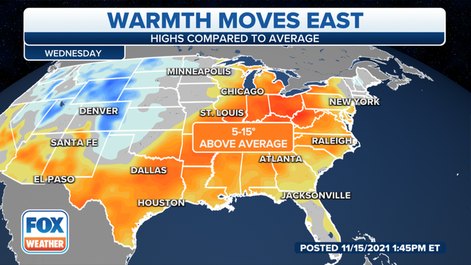 Forecast highs compared to average Wednesday, Nov. 17, 2021.