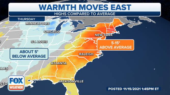 Forecast highs compared to average Thursday, Nov. 18, 2021.