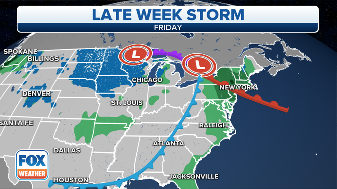 Friday's rain/snow outlook. Since this is a few days into the future, the forecast could change with future updates.