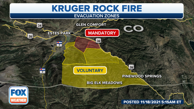 Kruger Rock Fire evacuation zones as of Thursday morning.