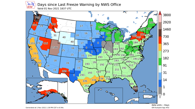 Each number depicts the total number of days that have elapsed since each National Weather Service office last issued a Freeze Warning for its respective County Warning Area (as of Nov. 1, 2021).