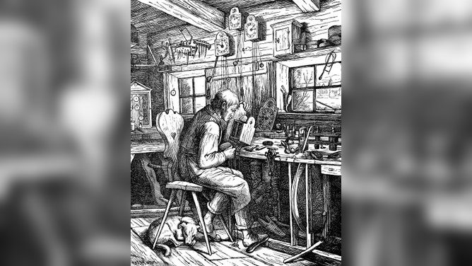 A clockmaker in his workshop, 1881.