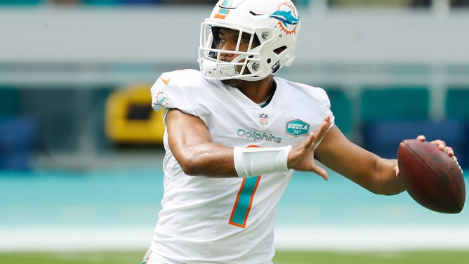 Tua Tagovailoa #1 of the Miami Dolphins warms up prior to the game against the Buffalo Bills at Hard Rock Stadium on September 20, 2020 in Miami Gardens, Florida.