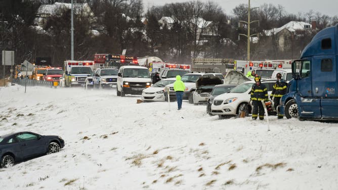 Dozens of vehicles involved in pileup during snow squall on Route 222 in Wyomissing, Pennsylvania, on Wednesday, Jan. 30, 2019.