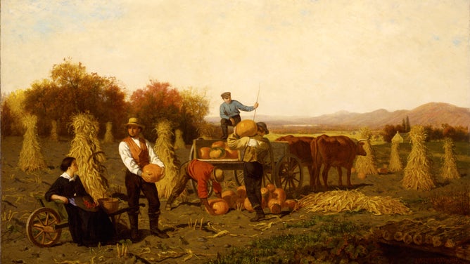 Farmers harvest pumpkins in this 1867 painting "October". Artist: John Whetten Ehninger.