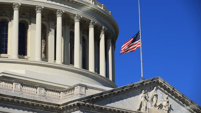 The American flag is flown at half-staff at the U.S. Capitol in honor of former Secretary of State Colin Powell.