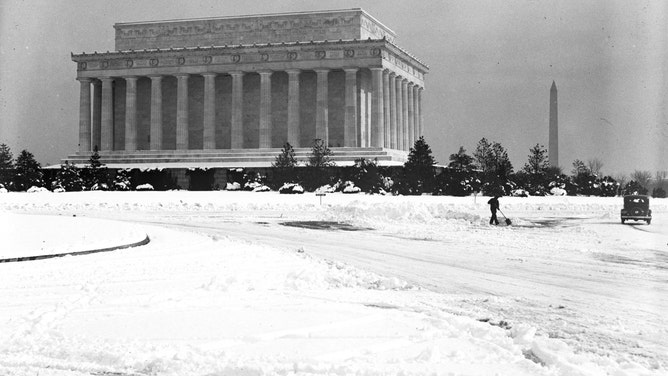 Lincoln Memorial and Washington Memorial in snow ca. 1934.