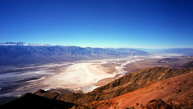 California and Nevada, Death Valley National Park, Dantes View in the Black Mountains provides a Panoramic view of Death Valleys Badwater Basin and the Panamint Range. 