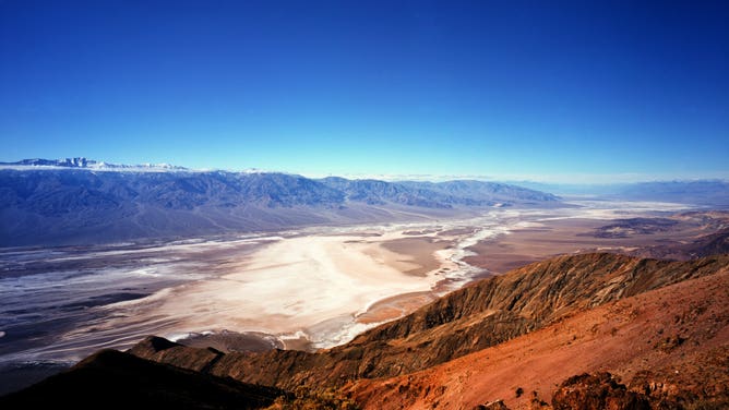 California and Nevada, Death Valley National Park, Dantes View in the Black Mountains provides a Panoramic view of Death Valleys Badwater Basin and the Panamint Range.