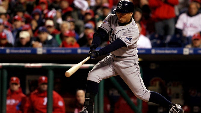 Akinori Iwamura of the Tampa Bay Rays in the top of the third inning against the Philadelphia Phillies during Game 6 of the 2008 MLB World Series.