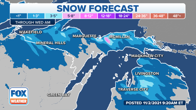 Lake-effect snow forecast through Wednesday, Nov. 3, 2021.