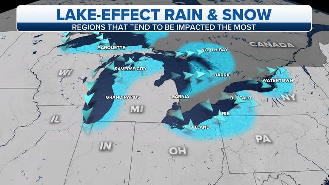 The blue-shaded regions tend to be impacted most often by lake-effect snow.