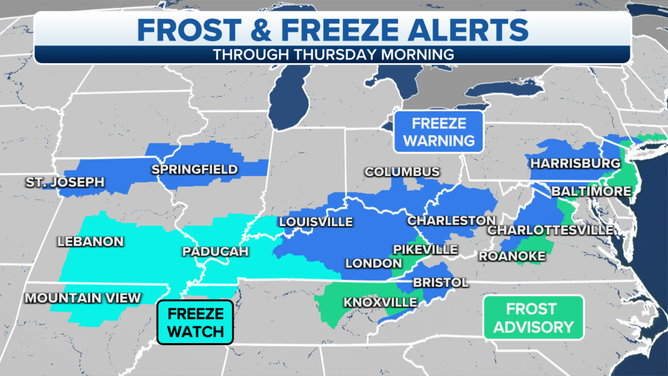 Frost and freeze alerts are issued by the National Weather Service.