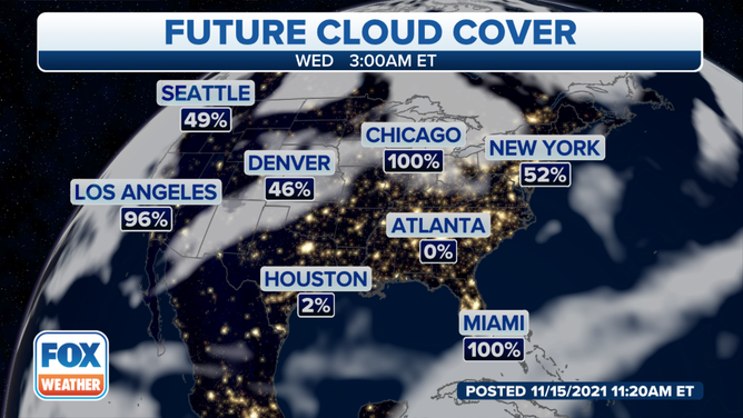 A map of the U.S. showing cloud cover expected on Nov. 17 around the peak of the Leonid Meteor shower.