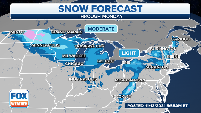 Snowfall outlook through Monday, Nov. 15, 2021.