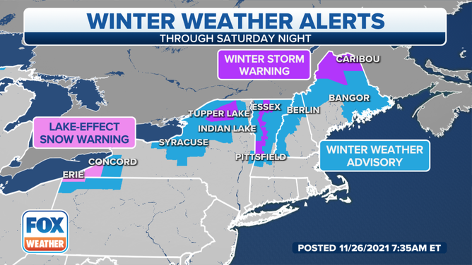 Winter Storm Warnings and Winter Weather Advisories are in effect through Saturday, Nov. 27, 2021.