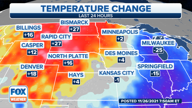 Temperature changes in the Northern Plains from Thursday to Friday.
