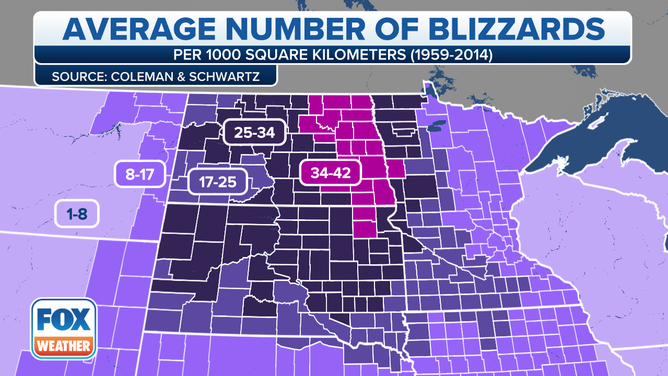Average number of blizzards per 1,000 square kilometers (386 square miles) between 1959 and 2014. (Source: Coleman and Schwartz)