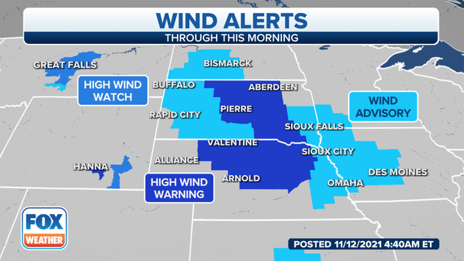 High Wind Warnings and Wind Advisories are posted for parts of the Northern Plains and upper Midwest on Friday, Nov. 12, 2021.
