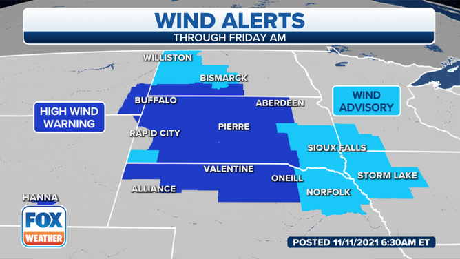 High Wind Warnings and Wind Advisories are posted for parts of the Northern Plains and upper Midwest through early Friday, Nov. 12, 2021.