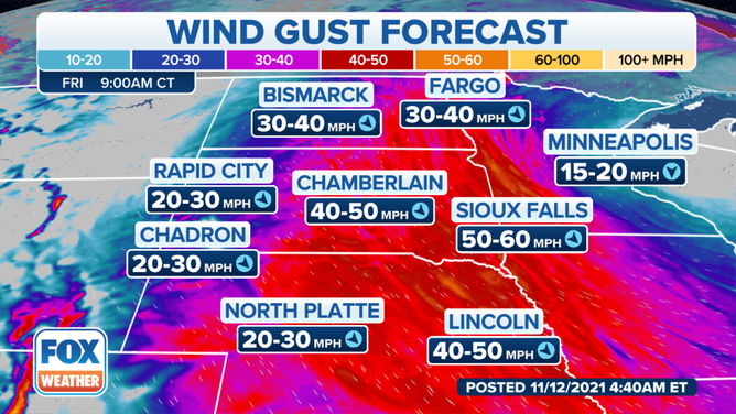 Wind gust forecast Friday, Nov. 12, 2021.