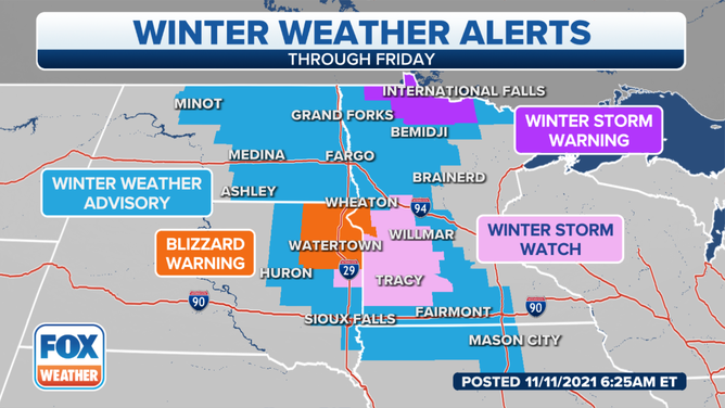 Winter weather alerts are posted in parts of the Northern Plains and upper Midwest through Friday, Nov. 12, 2021.