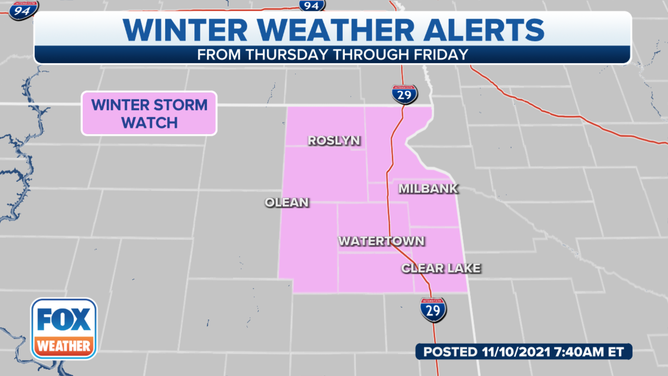 A Winter Storm Watch is in effect for the pink-shaded area.