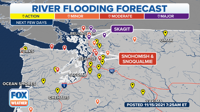 Several rivers in the Pacific Northwest are in flood stage or forecast to reach flood stage on Monday, Nov. 15, 2021.