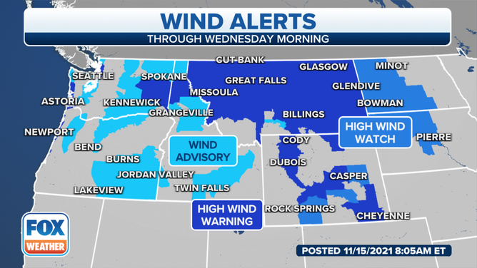 High Wind Watches and Warnings and Wind Advisories are in effect from the Pacific Northwest to the Northern Plains.