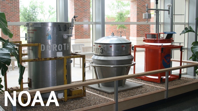 TOTO, a red 55-gallon barrel outfitted with weather sensors, was used by NOAA researchers to study tornadoes. Dorothy and D.O.T. 3 are props based on TOTO and were used in the movie 