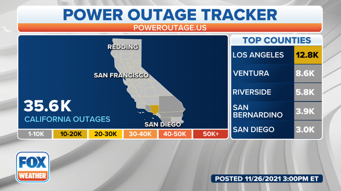 Power outages in California as of early Friday afternoon.