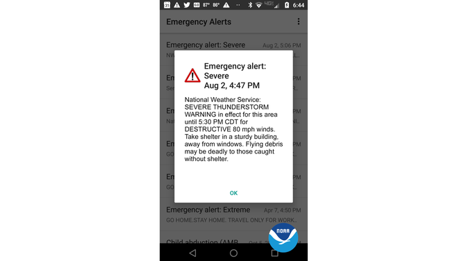 An example of a Wireless Emergency Alert showing the new "destructive" Severe Thunderstorm Warning.