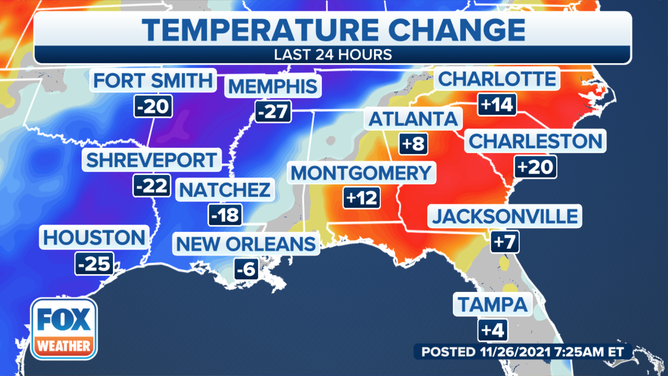 Temperature change across the Southeast between Thursday and Friday.