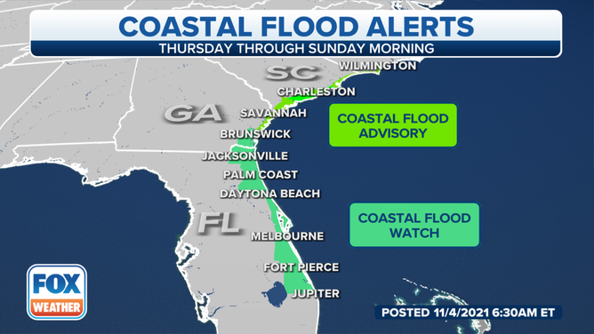 Coastal Flood Watches and Advisories are in effect along the Southeast coast.