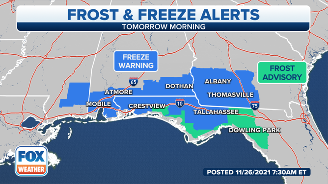 Freeze and frost warnings for the southeast on Saturday, Nov. 27.