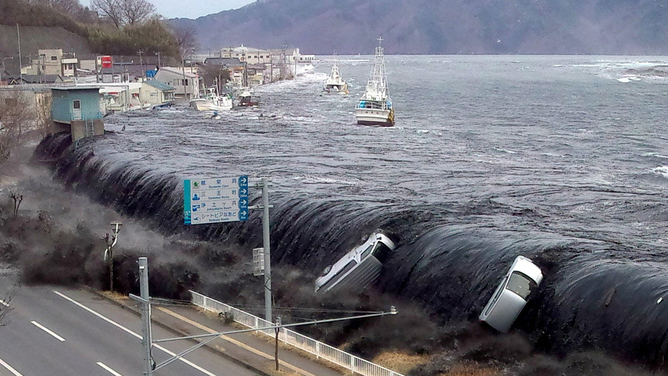 This picture, taken by a Miyako City official on March 11, 2011, and released on March 18, 2011, shows a tsunami breaching an embankment and flowing into the city of Miyako in Iwate prefecture shortly after a magnitude 9.0 earthquake hit the region of northern Japan.