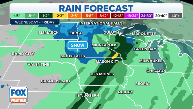 Rainfall forecast Wednesday through Friday. Since this extends a few days into the future, the forecast could change with future updates.