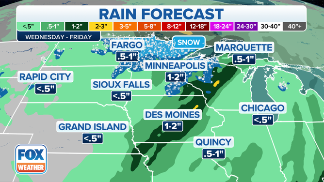 Rainfall forecast Wednesday through Friday. Since this is still a few days away, the forecast could change with future updates.