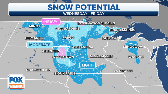 Potential snowfall Wednesday through Friday. Since this extends a few days into the future, the forecast could change with future updates.