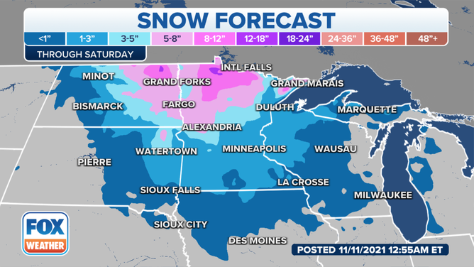 Snowfall forecast through Saturday, Nov. 13, 2021.