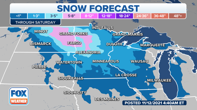 Snowfall forecast through Saturday, Nov. 13, 2021.