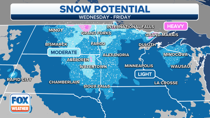 Potential snowfall Wednesday through Friday. Since this is still a few days away, the forecast could change with future updates.