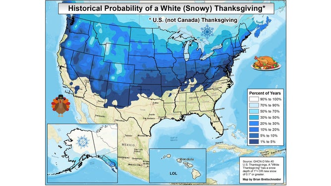 The historical probability of a white Thanksgiving.